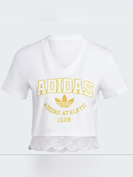 adidas Tops - adidas White & Yellow Lace Hem Women V-Neck Logo Tee Size S